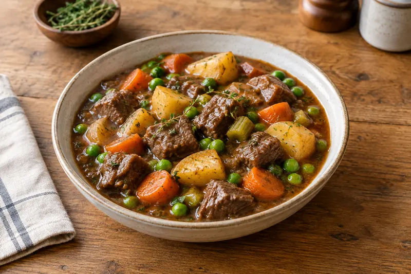 Beef stew in a cast-iron casserole, with chunks of browned beef, potatoes, carrots, celery and peas in a thick brown gravy, scattered with chopped parsley.