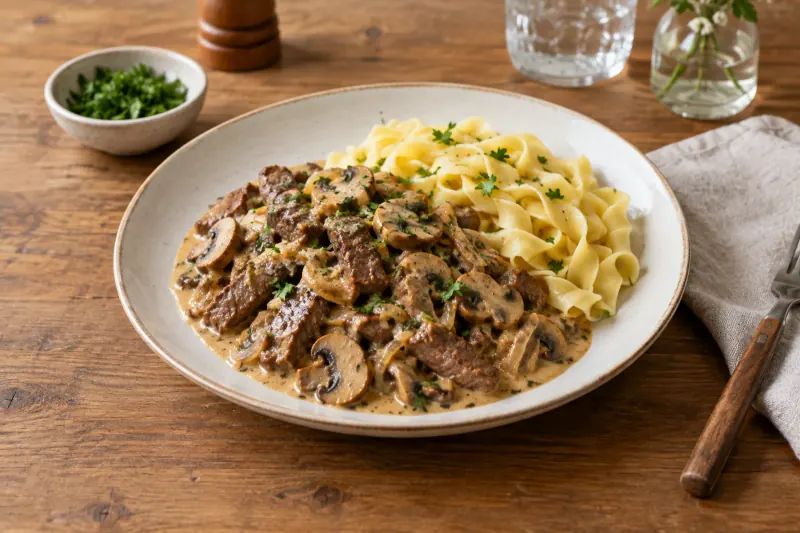 Beef stroganoff with mushrooms in a pale creamy sauce, parsley on top, beside buttered noodles