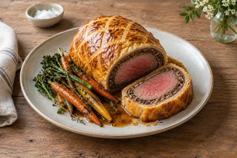 Thick slices of beef Wellington showing pink beef ringed by dark mushroom duxelles and prosciutto inside golden puff pastry
