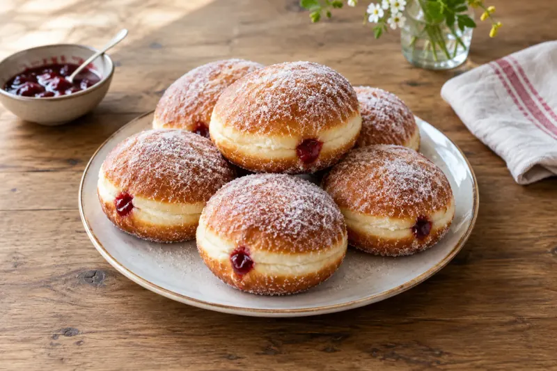 Round sugared doughnuts with a pale band around the middle, one bitten to show red jam