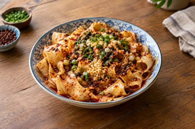 Very wide flat hand-pulled noodles topped with red chilli flakes, garlic and spring onion, glistening with oil