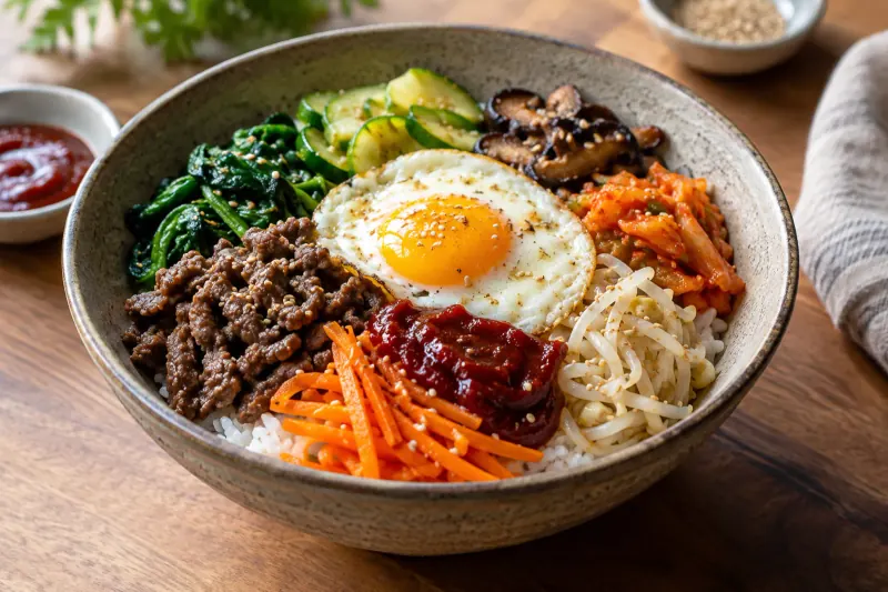 A bowl of bibimbap with rice, seasoned vegetables, beef and a fried egg, with gochujang sauce alongside