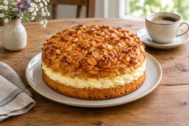 A square of cake with a golden caramelised almond top and a thick vanilla cream filling