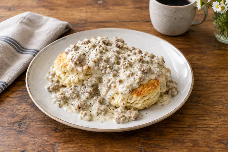 Split fluffy biscuits covered in creamy white sausage gravy with black pepper