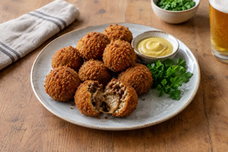 A plate of golden-brown crumbed balls, one cut open to show the pale beef ragout inside, with a pot of mustard alongside
