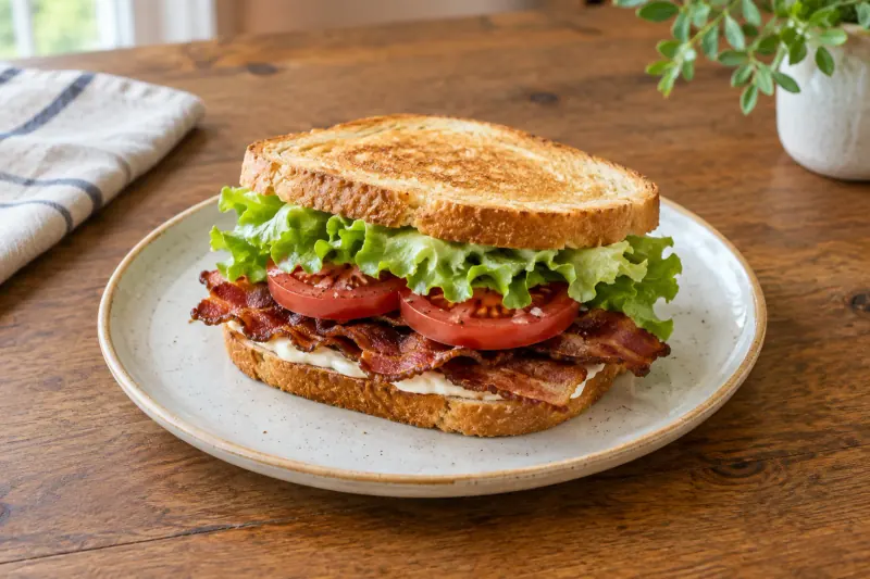 A BLT sandwich cut diagonally showing crisp bacon, tomato slices and lettuce on toast