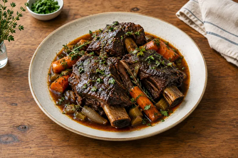 Braised beef short ribs on the bone in a shallow serving dish, glossy with a dark red wine sauce and scattered with chopped parsley.