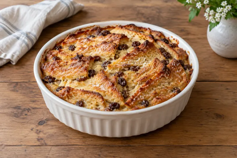 A baking dish of golden bread and butter pudding with crisp triangles on top and sultanas