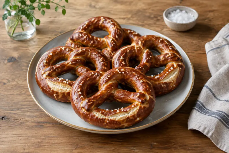 Shiny mahogany-brown soft pretzels with coarse salt on a wooden board