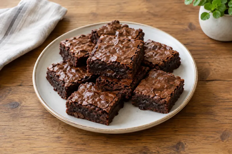 Squares of dark, fudgy chocolate brownie with a shiny crackled top