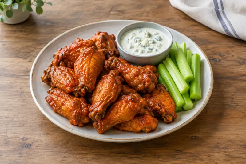 A pile of glossy orange-red buffalo wings on a board with a bowl of blue cheese dip and celery sticks