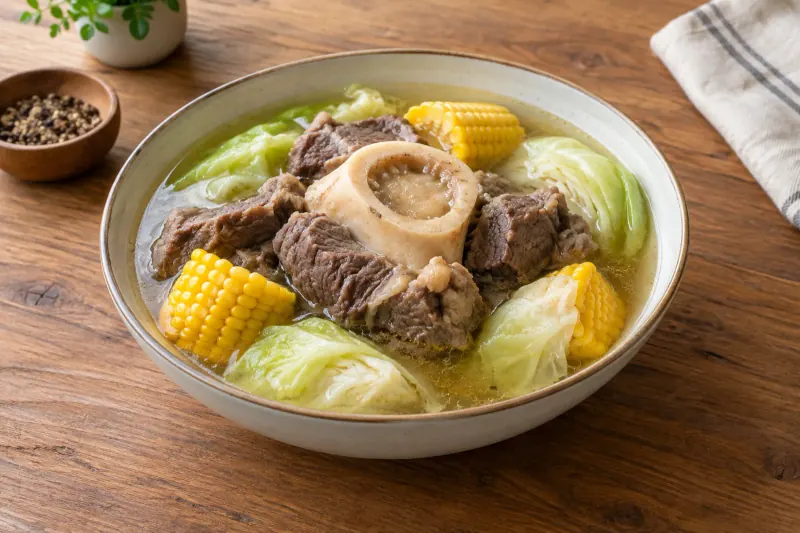 A bowl of clear beef broth with a marrow bone standing in it, corn and cabbage