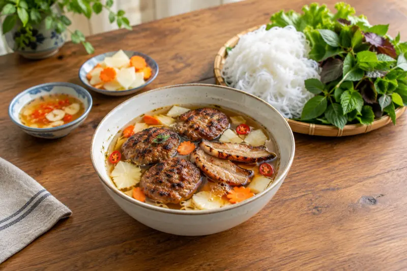 Bún chả with charred pork patties in a bowl of dipping broth, rice noodles and herbs alongside