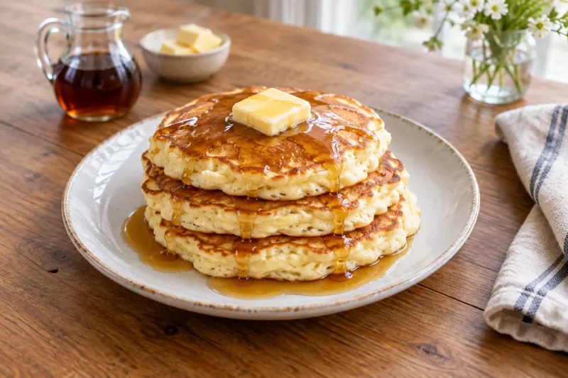 A tall stack of thick fluffy pancakes with melting butter and maple syrup