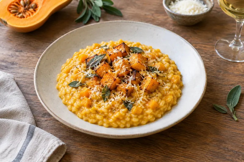 A shallow bowl of creamy orange risotto topped with caramelised cubes of roasted butternut squash, crisp sage leaves and grated Parmesan.
