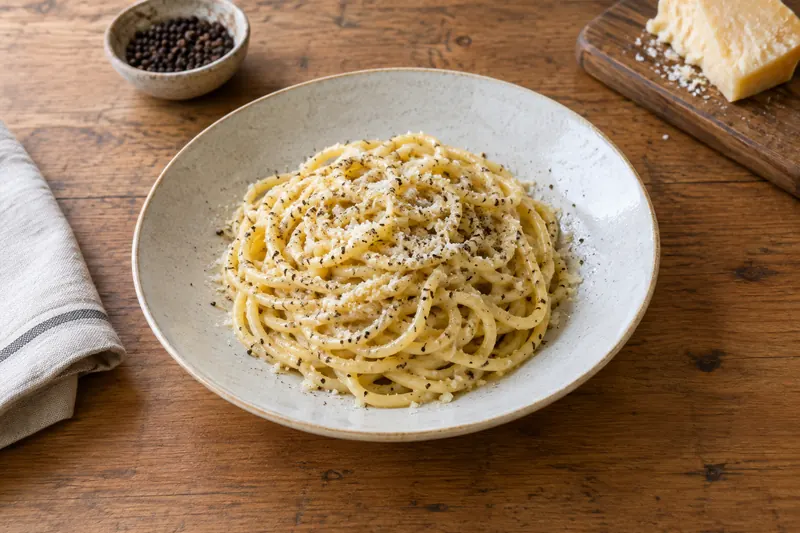 Cacio e pepe twirled on a plate, coated in a glossy pecorino sauce with coarse black pepper