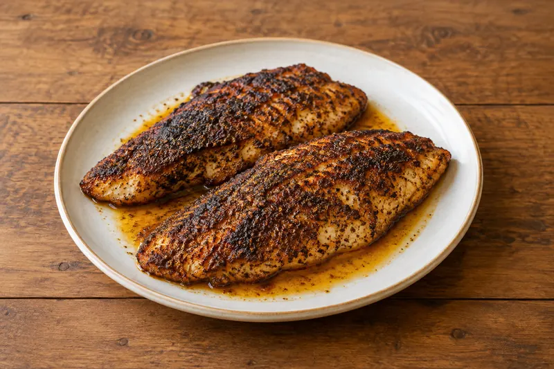 Fish fillets with a dark, spiced, charred crust in a cast-iron pan with lemon wedges