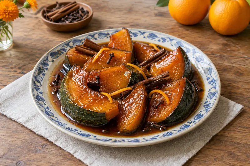 Dark amber wedges of candied pumpkin with their skins on, glistening with thick syrup in a shallow clay dish.