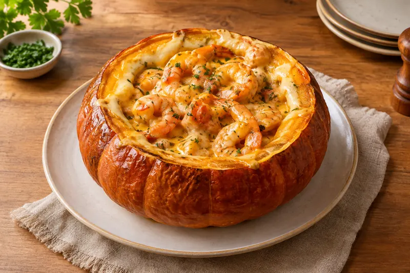 A whole baked pumpkin, its lid set to one side, filled with prawns in a creamy orange sauce flecked with parsley, in an ovenproof dish.