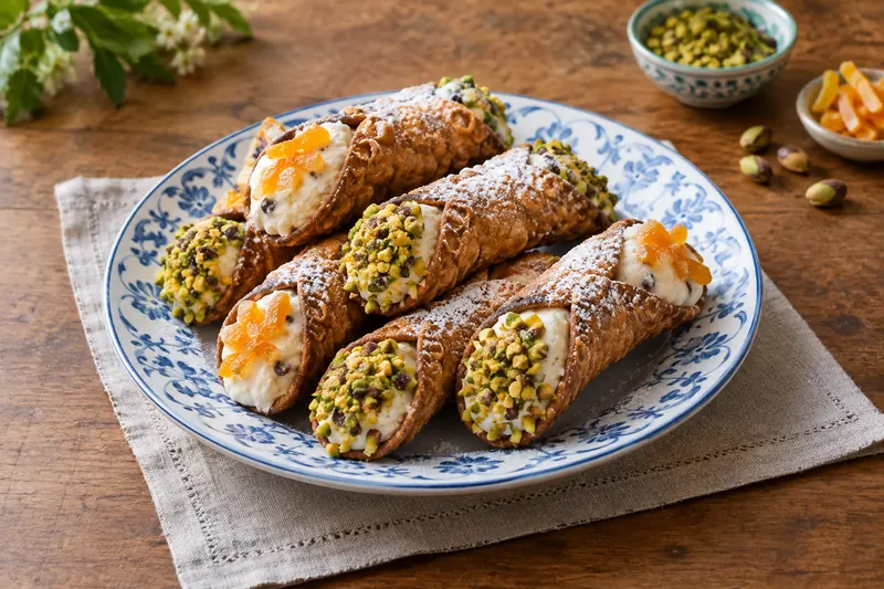 Crisp tube-shaped pastry shells filled with white ricotta cream and chopped pistachios