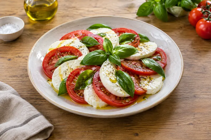 Alternating slices of red tomato and white mozzarella with basil leaves and olive oil