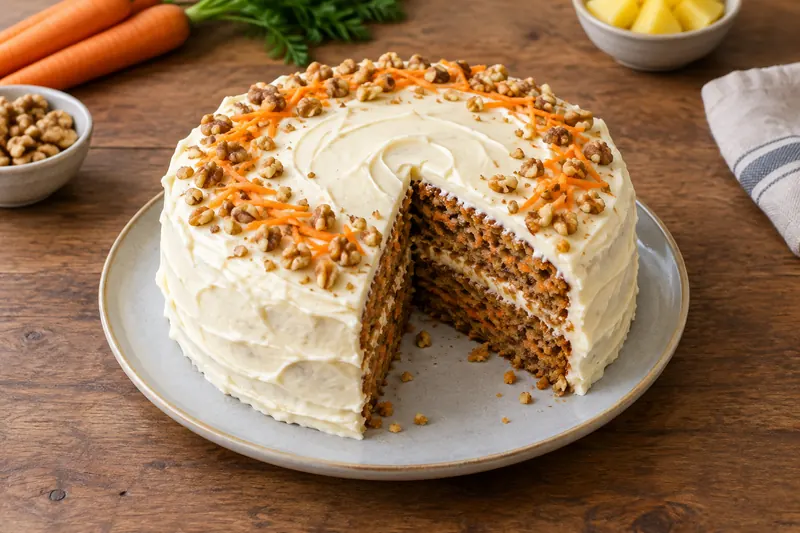 A slice of layered spiced carrot cake with walnuts and thick white cream cheese frosting