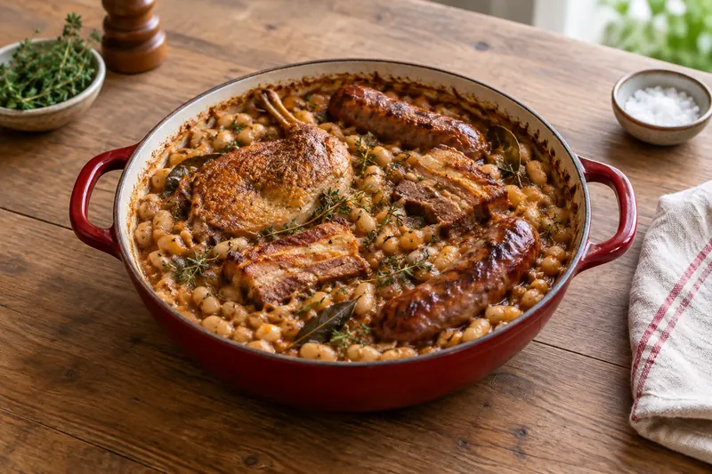 A red cast-iron casserole of cassoulet with a duck leg, sausages and slices of pork belly on creamy white beans, with bay leaves and thyme.
