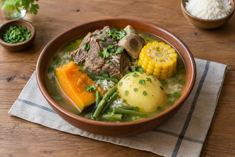 A deep bowl of clear broth with a piece of beef, a potato, a pumpkin wedge and corn on the cob