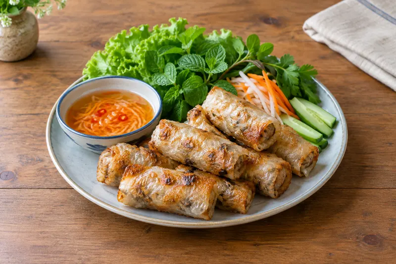 Golden blistered Vietnamese spring rolls with lettuce, herbs and a bowl of dipping sauce