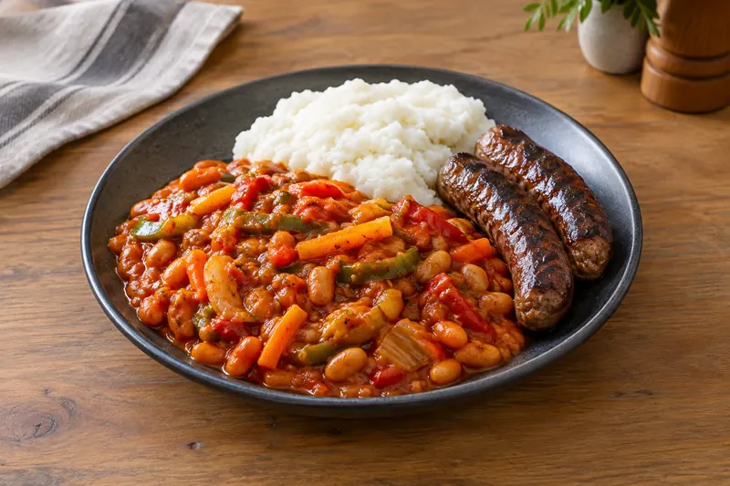 A bowl of spicy orange-red vegetable relish with carrot, peppers and beans