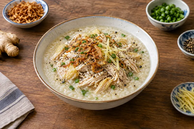 A bowl of rice porridge topped with shredded chicken, spring onion, fried shallots and pepper