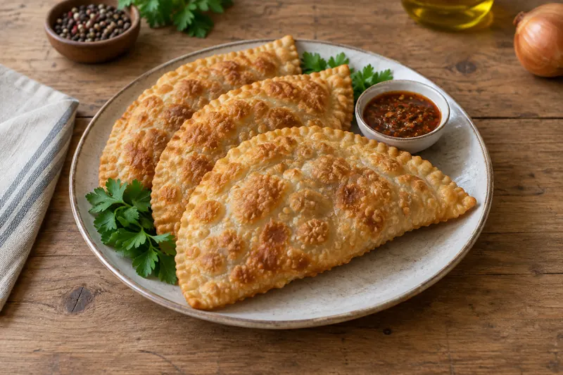 Large golden half-moon fried turnovers with blistered pastry and crimped edges