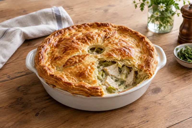 A golden puff pastry pie cut open to show chicken and leeks in a creamy sauce