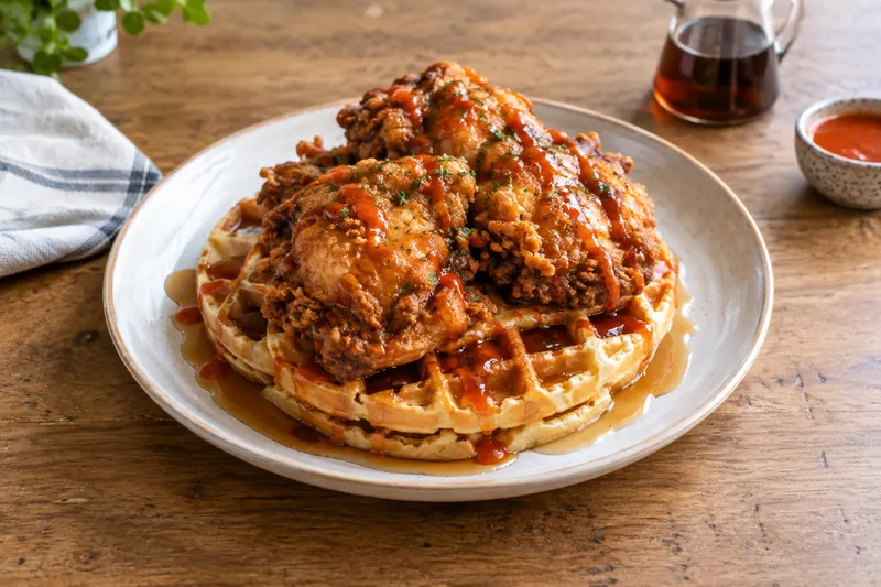 Crispy fried chicken on a golden waffle drizzled with maple syrup and hot sauce