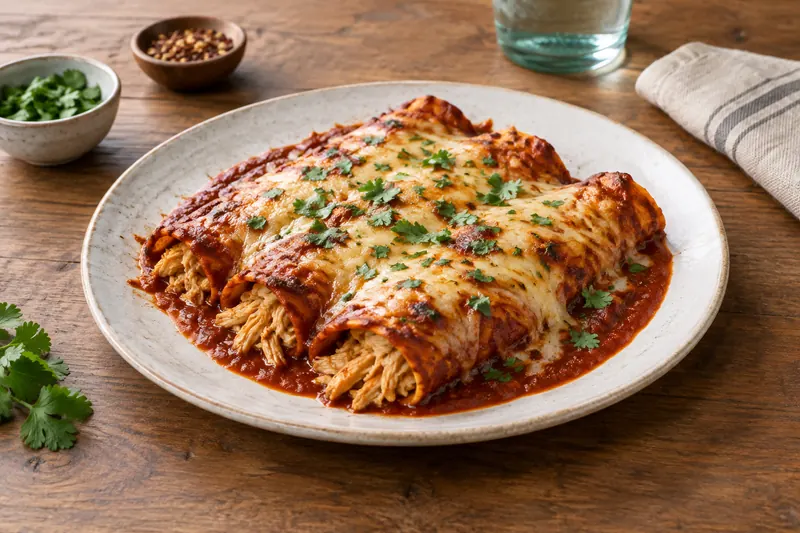 Chicken enchiladas in a baking dish under melted cheese, with soured cream and coriander on top