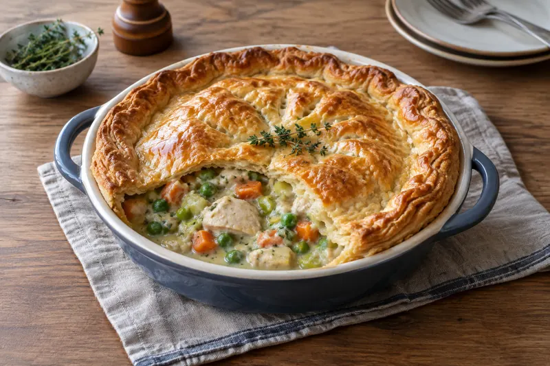 A deep dish of chicken pot pie with a domed golden pastry lid, opened to show chicken, carrot and peas in a pale sauce.