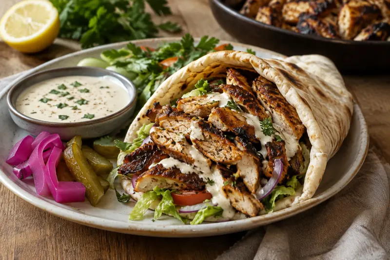 Sliced chicken shawarma in a flatbread with tomato, onion and tahini sauce