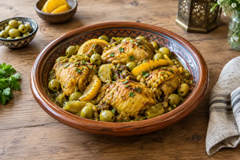 Chicken tagine with green olives and strips of preserved lemon, coriander scattered over the top