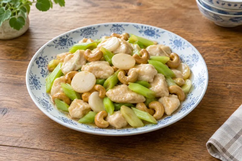 Pale stir-fried chicken with cashews, celery and water chestnuts in a light sauce