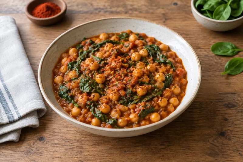 A pan of chickpea and spinach stew in tomato sauce with a wedge of lemon and bread