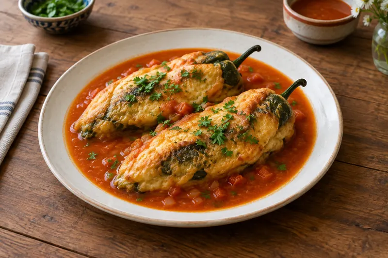 Battered stuffed poblano chillies in a shallow pool of tomato broth, one cut open with cheese
