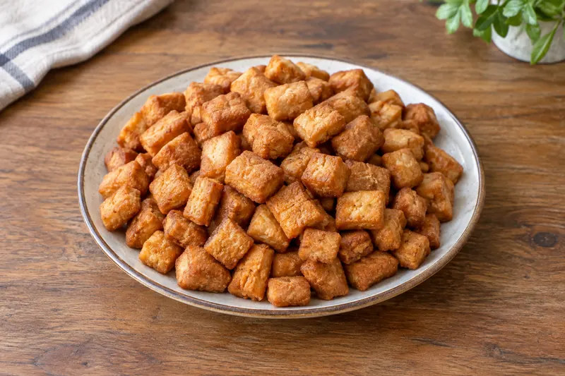 A bowl of small golden crunchy fried dough cubes