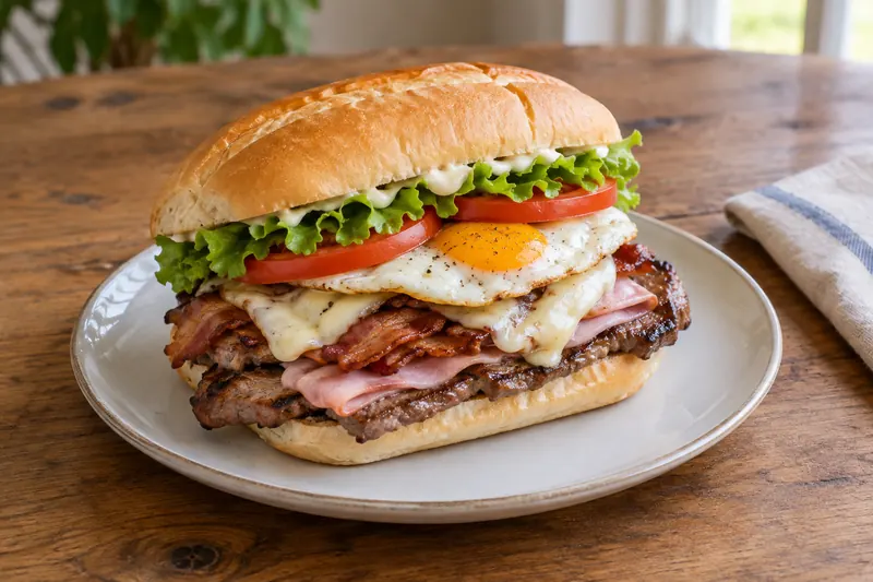 A towering sandwich of steak, ham, bacon, melted cheese, fried egg, lettuce and tomato in a roll