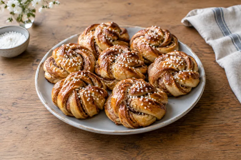 Swedish cardamom and cinnamon knots topped with pearl sugar on a plate