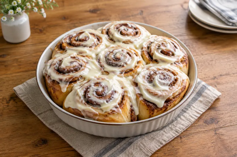 A pan of large, soft swirled cinnamon rolls covered in thick white cream cheese icing