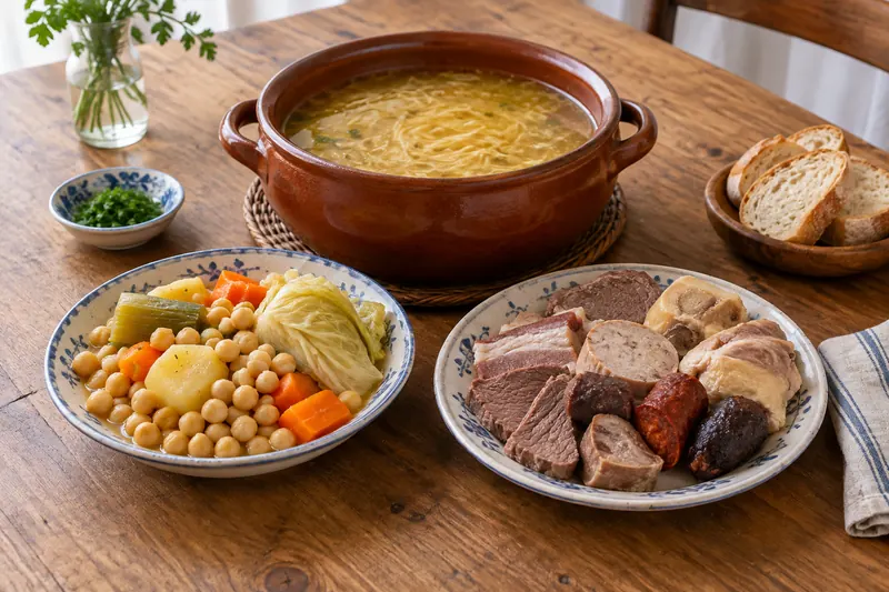 A platter of chickpeas, meats, chorizo, cabbage and potato, with a bowl of noodle soup