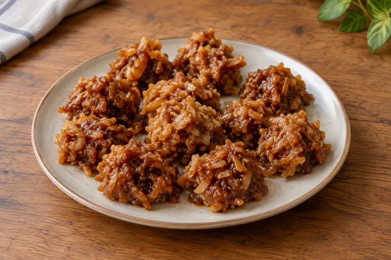 Glossy dark brown clusters of diced coconut in set ginger syrup on baking paper