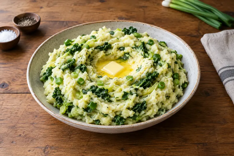 A mound of creamy mashed potato flecked with green cabbage and spring onion, with a pool of melted butter