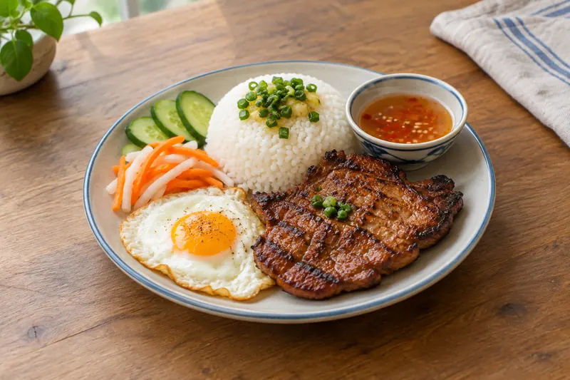 Grilled pork chop over broken rice with pickled carrot, cucumber and a bowl of dipping sauce