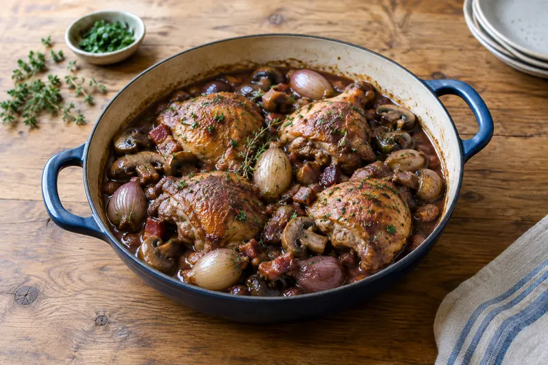 Coq au vin in a casserole with mushrooms, whole shallots and lardons in a dark wine sauce